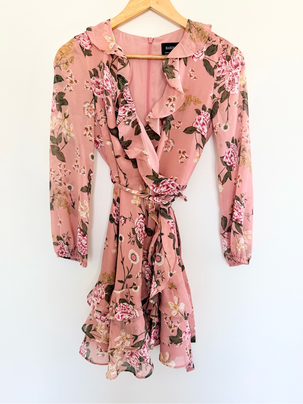 Bardot Triple Frill Pink Floral Ruffle Wrap Mini Dress XS